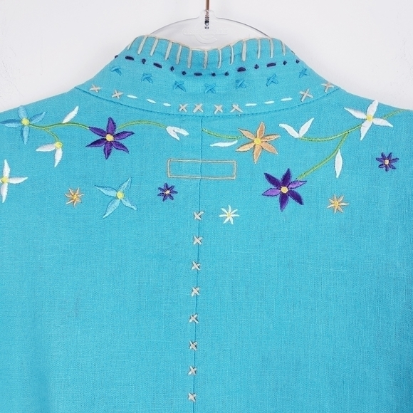 Design‎ Exchange -  Linen Blend Turquoise Floral Embroidered Jacket Size Large - Picture 5 of 6